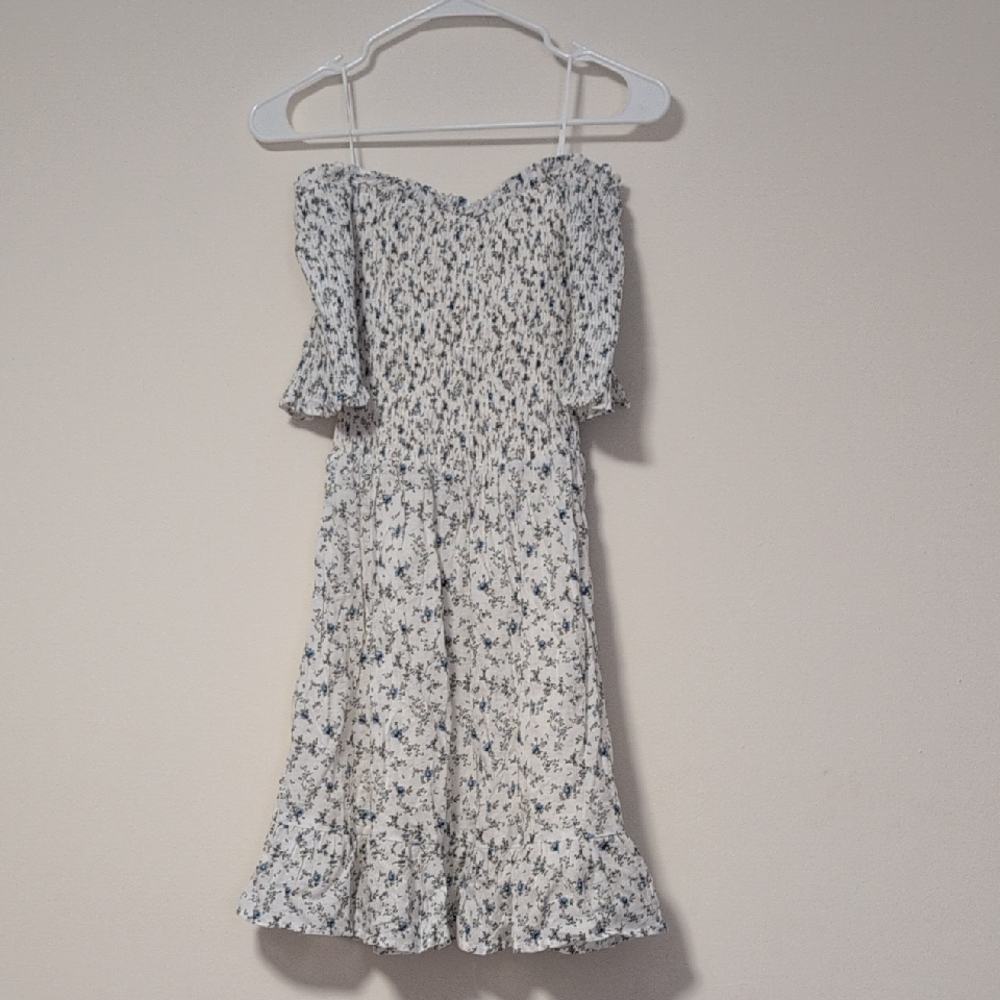 Vici Off The Shoulders White Mini Dress with Blue Floral Print